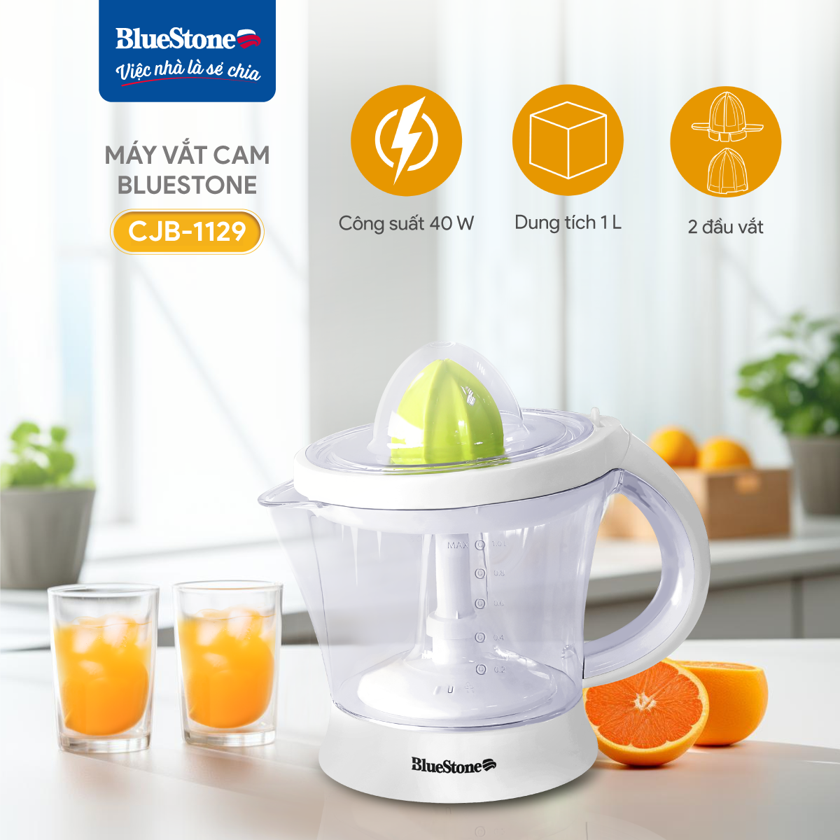 Máy Vắt Cam BlueStone CJB-1129 - (40W) - Dung tích 1 Lít - Bảo hành 2 năm - hàng chính hãng