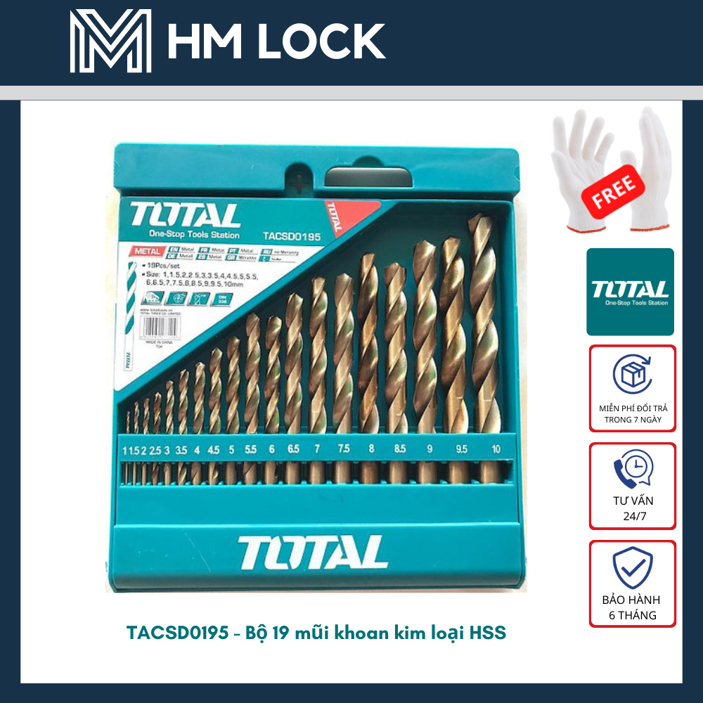 [NEW] BỘ 19 MŨI KHOAN KIM LOẠI HSS 1-10MM TOTAL - HÀNG CHÍNH HÃNG - TACSD0195 - HM LOCK