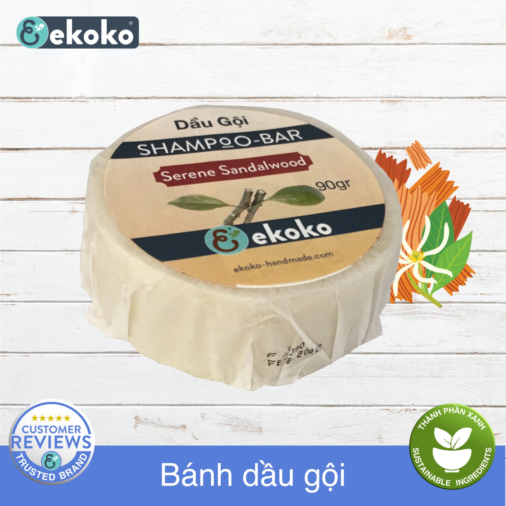 Dầu Gội Bánh Ekoko Serene Sandalwood Shampoo Bar 90G