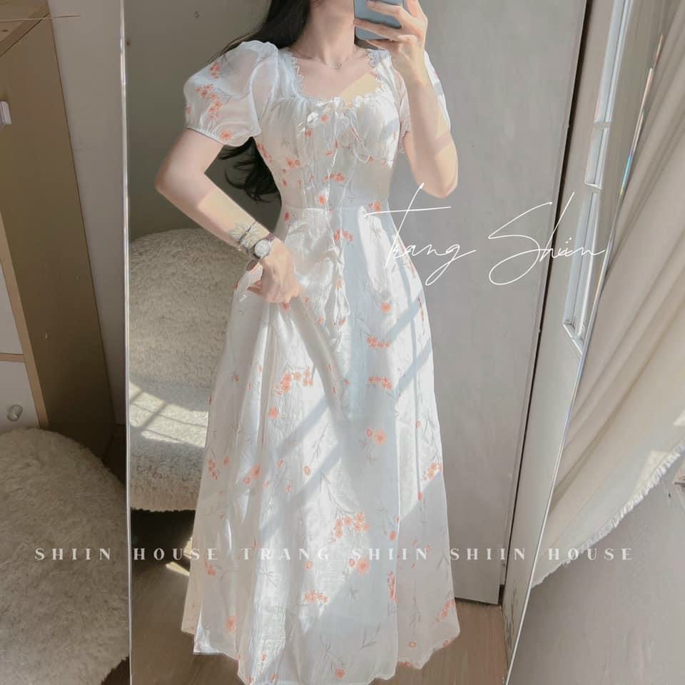 Đầm thời trang nữ mặc đi chơi chất VOAN hoa 2 lớp cổ vuông ren có mút ngực tay búp ngắn cột dây 2 mà