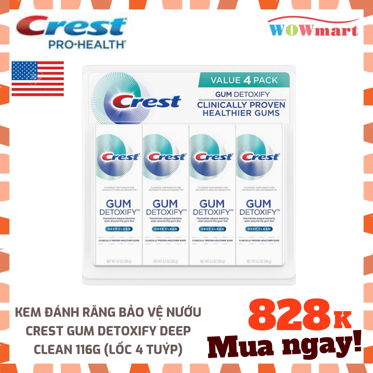 [Hcm]Lốc 4 Kem Đánh Răng Crest Gum Detoxify Deep Clean 116G