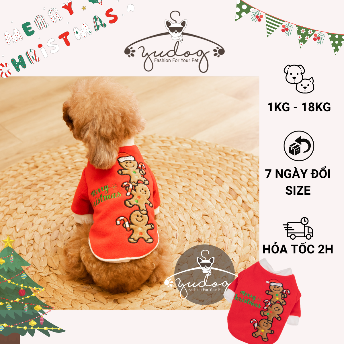 Áo nỉ noel cho chó mèo yudog áo cây kẹo vải ấm nỉ dày mặc noel cho thú cưng chó mèo