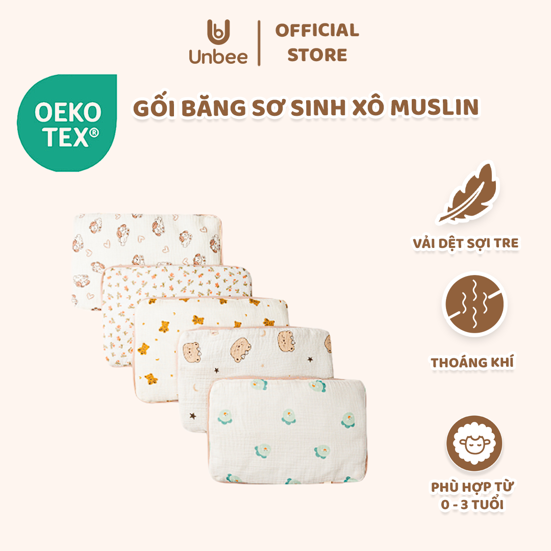 Gối Bằng Sơ Sinh UNBEE Chất Liệu Xô Muslin 100% Và Bông Kháng Khuẩn Kích Thước 24x38x1cm