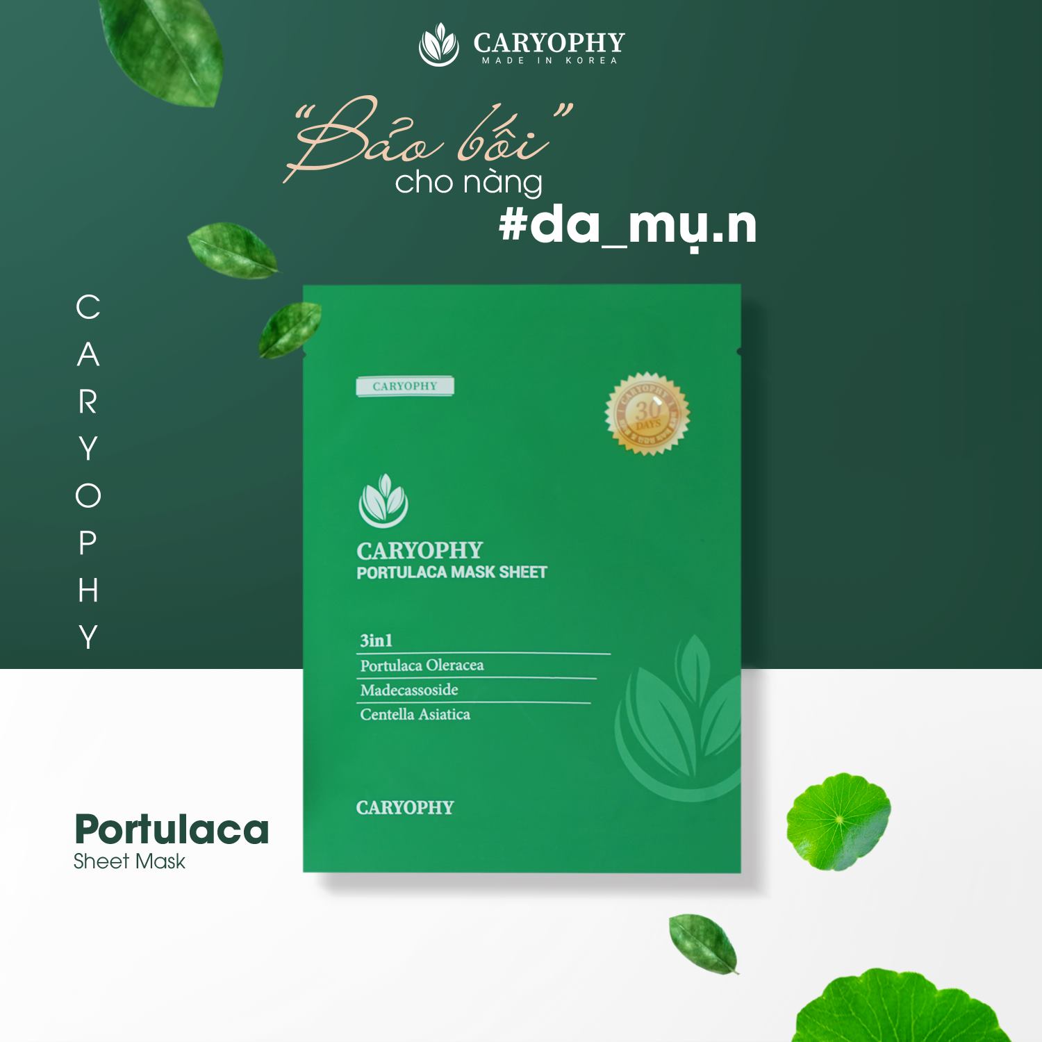 [Chính Hãng] Mặt Nạ Tinh Chất Rau Má Và Rau Sam Caryophy Portulaca Mask Sheet Cho Da Mụn Hồi Phục Tái Tạo Da