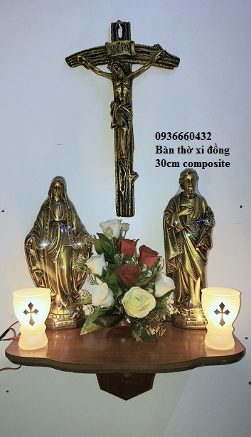 Bàn thờ Thiên Chúa mini tượng 30cm Thánh giá Chúa Chịu nạn 40cm xi đồng kệ thờ gỗ đèn hoa đầy đủ