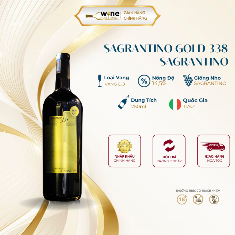 Rượu vang đỏ Ý Sagrantino Gold 338 chính hãng nhập khẩu 750ml nồng độ cồn 145% Rượu Vang Sài Gòn