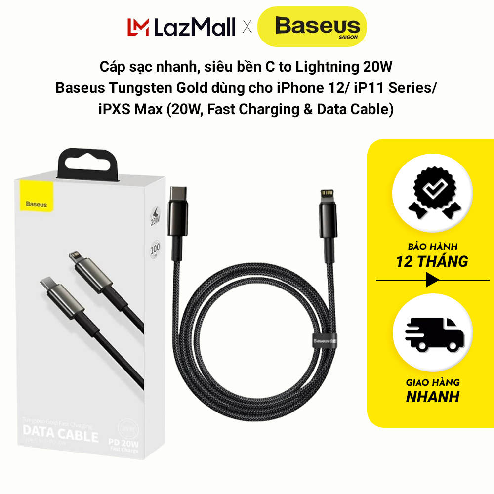Cáp sạc nhanh siêu bền Baseus Tungsten Gold 20W C to Lightning