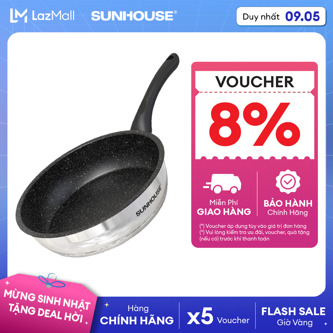 [Mua 2 GIẢM THÊM 20% DUY NHẤT HÔM NAY]Chảo Inox 5 Đáy Chống Dính Vân Đá Sunhouse IN20-26M4 - Đáy Phẳ
