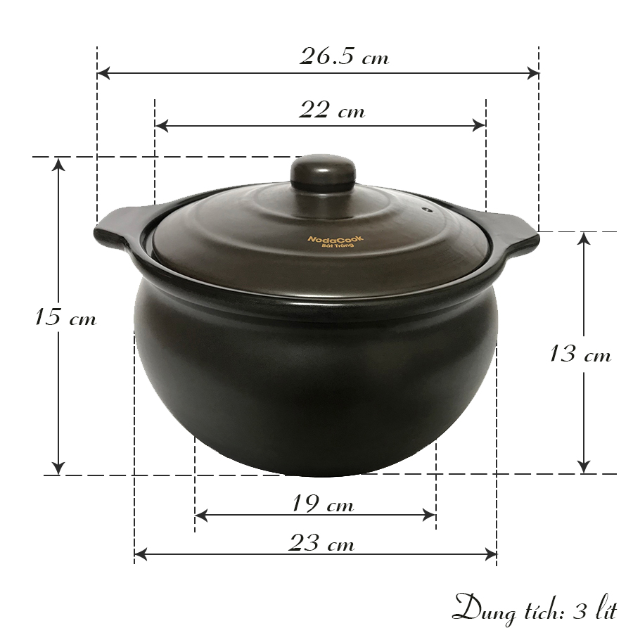 Nồi đất kho cá NodaCook Bát Tràng 3 Lít (Đen) - Dùng trên Bếp Gas / Bếp Than Củi / Bếp Hồng Ngoại