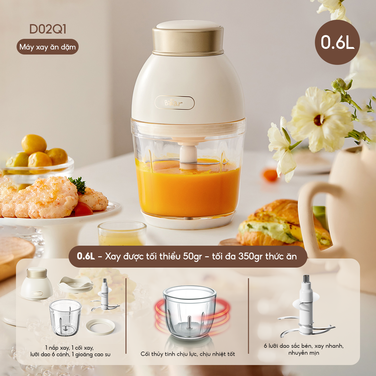 Máy Xay Ăn Dặm Cho Bé 0.6L Bear 6 Lưỡi Dao Cối Thủy Tinh Xay Đa Năng Cháo Thịt Tỏi Ớt Nhỏ Gọn Tiện Lợi QSJ-D02Q1