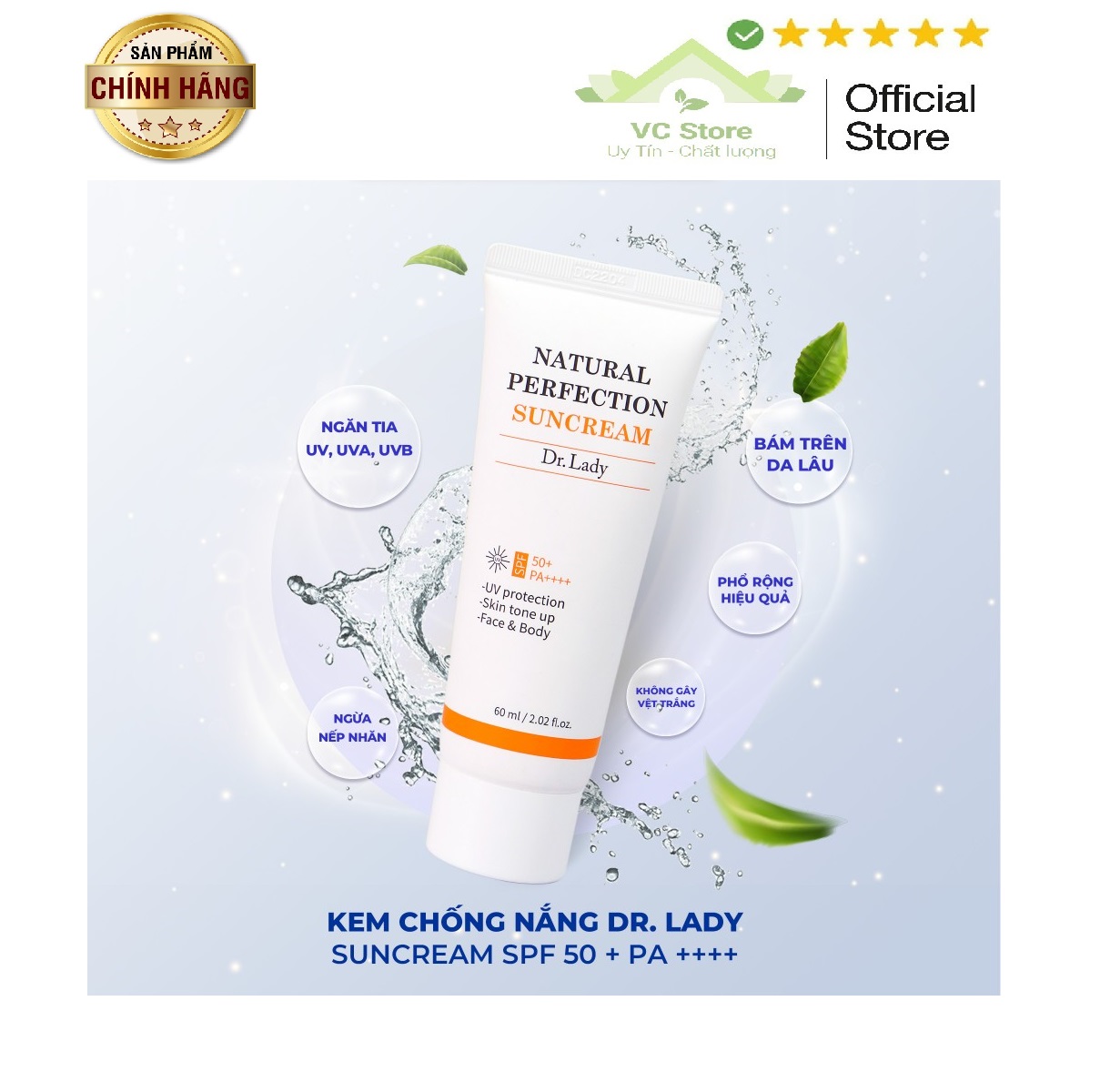 Kem Chống Nắng Dr Lady Hàn Quốc 60ml SPF 50+ - Kem Chống Nắng Kiềm Dầu Nâng Tone Nhẹ Nhàng Trắng Hồn