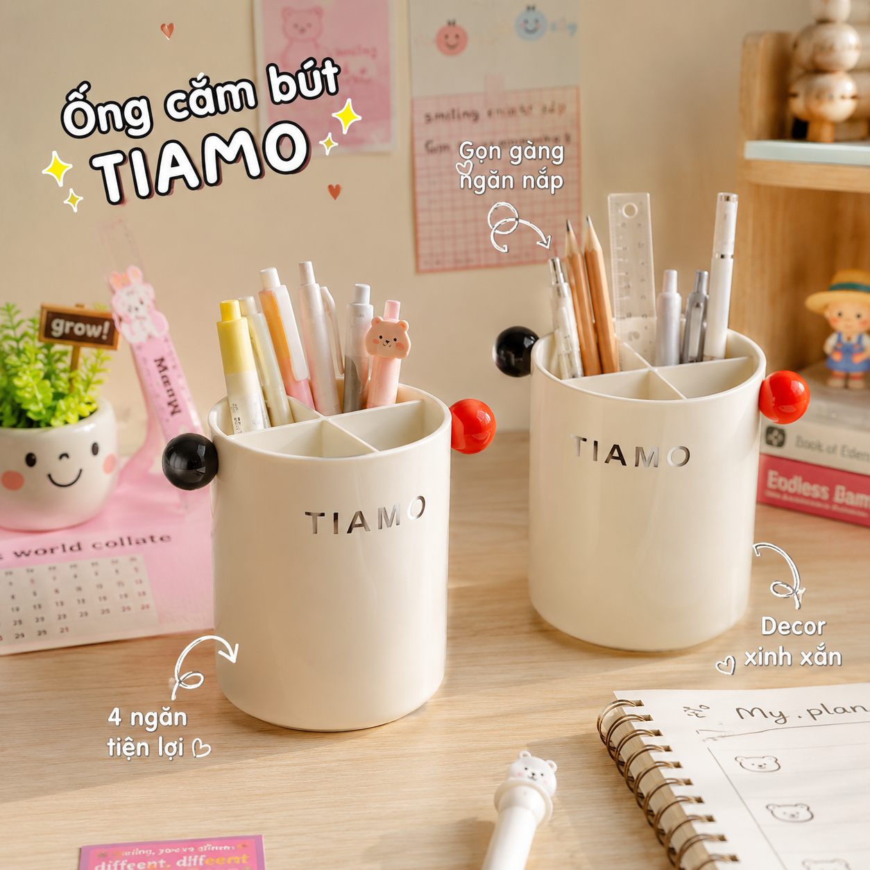 Hộp đựng cọ trang điểm - khay đựng bút đồ dùng để bàn 4 ngăn 8007 Tiamo