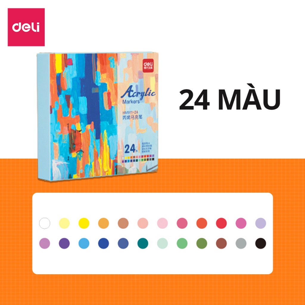 Bút sơn Acrylic Marker cao cấp 24 màu Deli HM911-24 - Chống nước vẽ trên mọi chất liệu Tô màu DIY vẽ giày vải chai lọ
