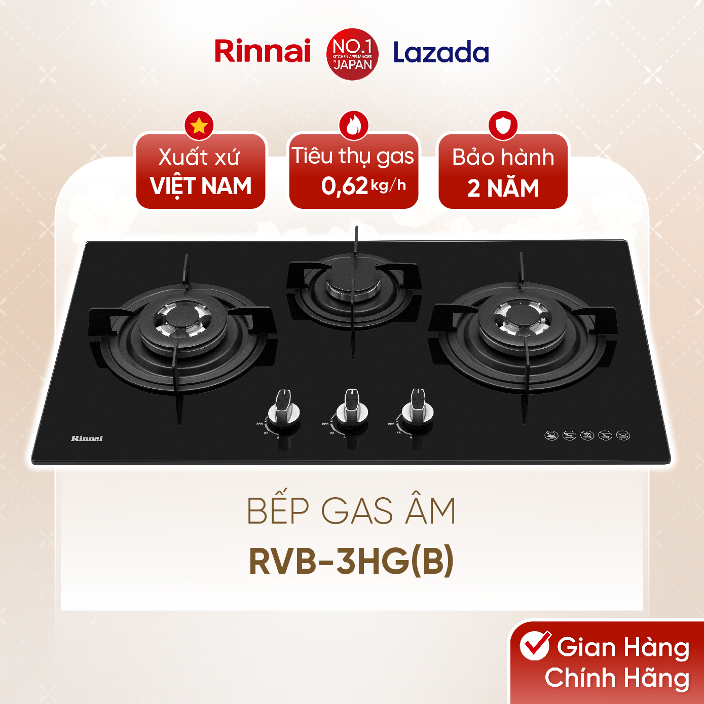 Bếp gas âm Rinnai RVB-3HG(B) mặt bếp kính kiềng bếp thép phủ gang - Hàng chính hãng.