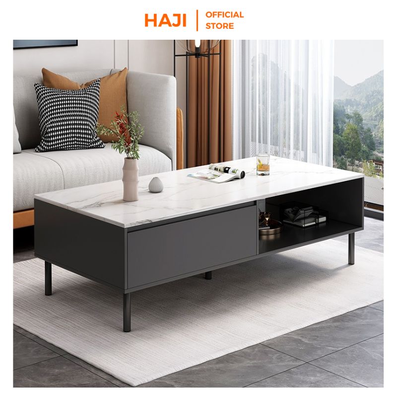 Bàn Sofa bàn uống trà để sàn thiết kế chân sắt có ngăn kéo 2 tầng mặt gỗ vân đá phong cách hiện đại thương hiệu HAJI - A296