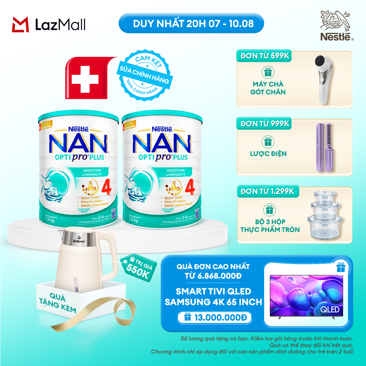 [CHỈ 20H 07-10.08 QT ĐƠN 599K/999K/1299K] [Tặng ấm Kalpen] Combo 2 lon Sữa bột Nestlé NAN OPTIPRO PLUS 4 1500g/lon với 5HMO Giúp tiêu hóa tốt