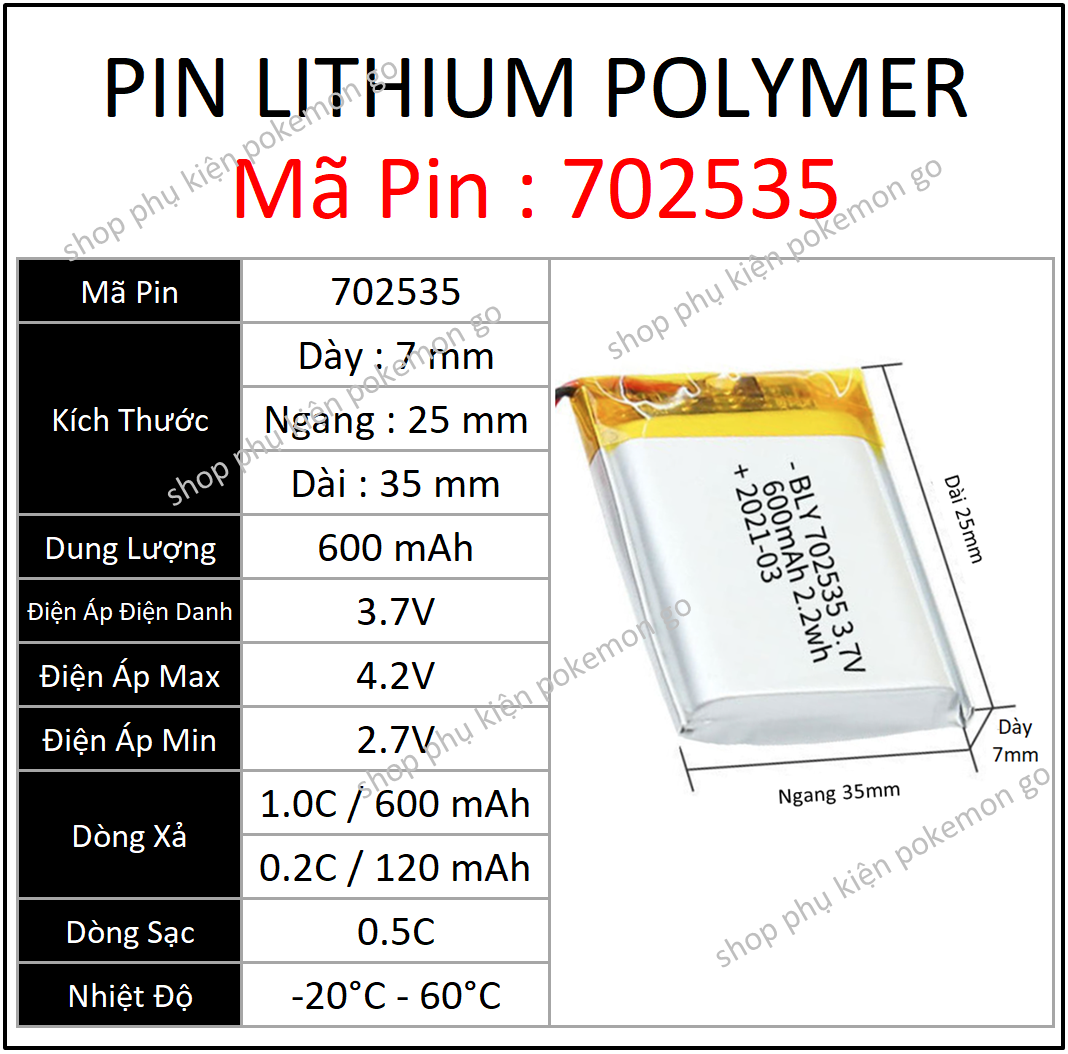 Pin Lithium - Ion 3.7V 702535 600mah