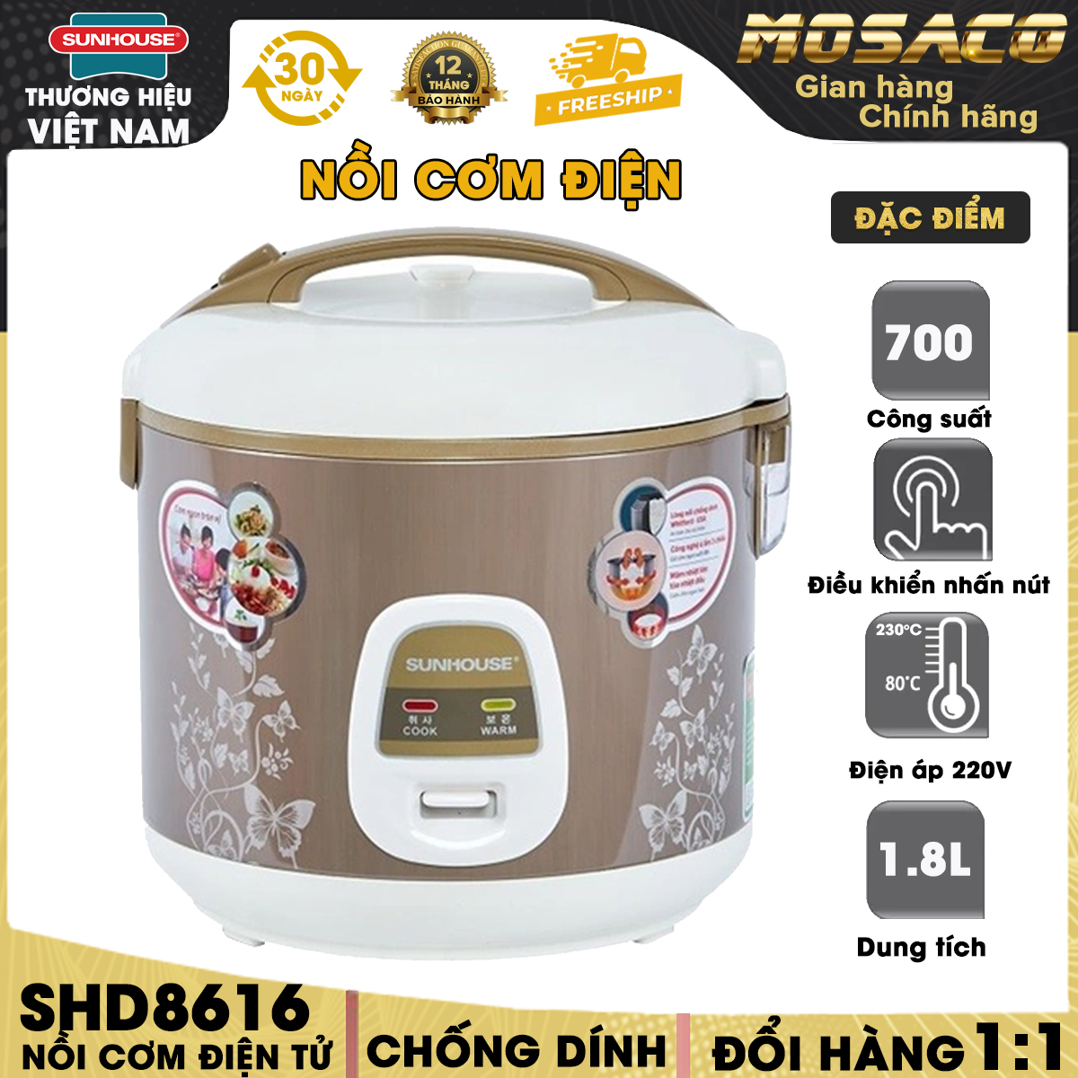 Nồi cơm điện Sunhouse 1.8 lít SHD8616 700W Nâu hoa văn - Tím hoa văn Nồi cơm điện Thân nồi bằng nhựa