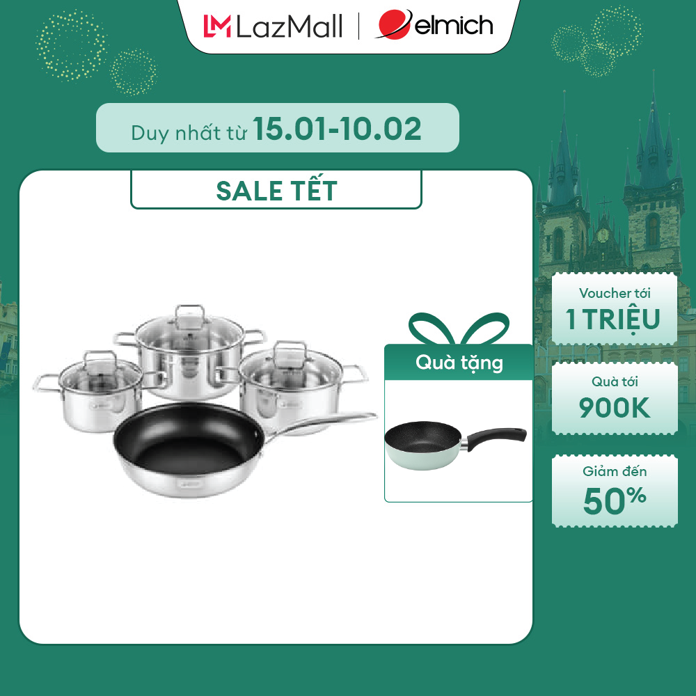 (SALE TẾT)Bộ nồi inox liền khối Elmich Trimax XR EL-8075 size 16 20 22 chảo 26cm