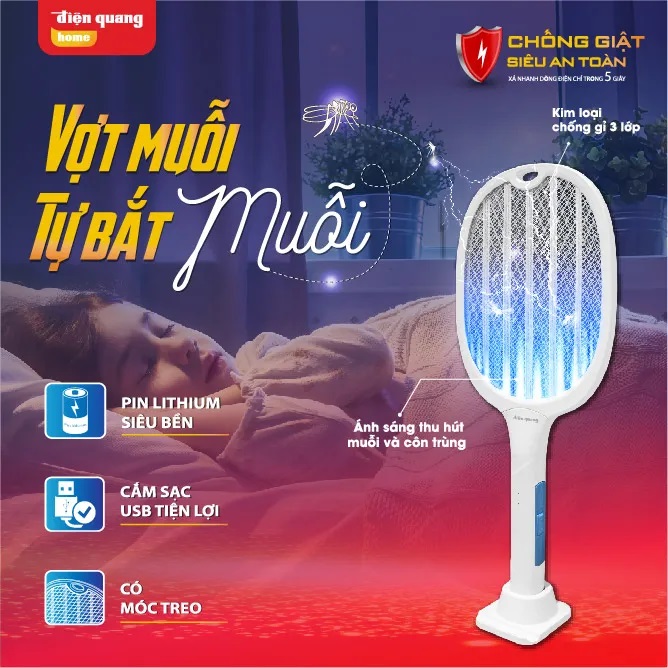 Vợt muỗi tự động kiêm Đèn bắt muỗi 2 trong 1 tự động sạc điện vợt bắt muỗi thông minh Điện Quang Bảo