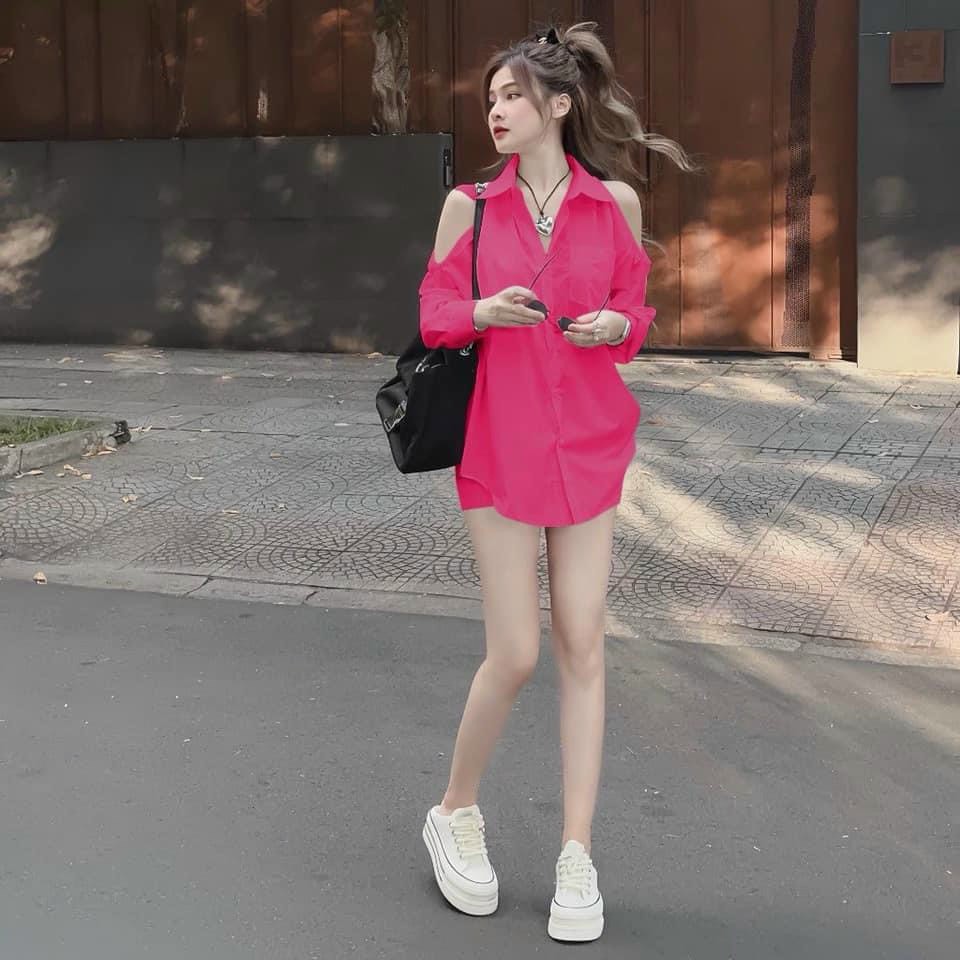 Set áo sơ mi hở vai chất cotton mix quần sooc đi chơi du lịch Set áo sơ mi kiểu tay dài hở vai phối 