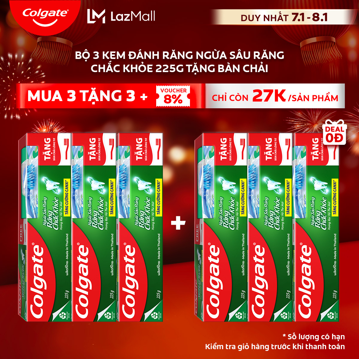 [Chỉ 7-8.1_Mua 3 tặng 3 | Chỉ còn 27K/tuýp]Bộ kem đánh răng Colgate ngừa sâu răng răng chắc khỏe 225