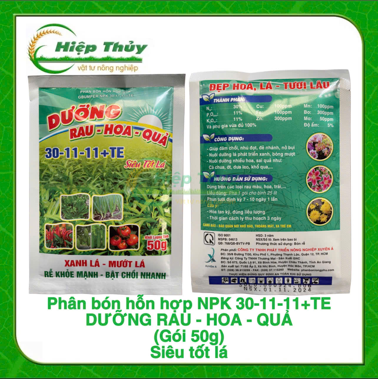Phân bón hỗn hợp NPK 30-11-11+TE DƯỠNG RAU - HOA - QUẢ (gói 50g) xanh lá - mướt lá - rễ khoẻ mạnh -