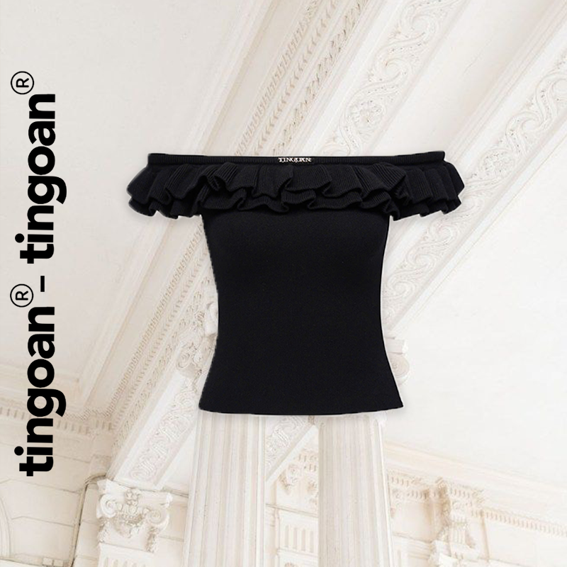 TINGOAN® - Áo len xù đen trễ vai phối hai bèo XING XING TOP/BL