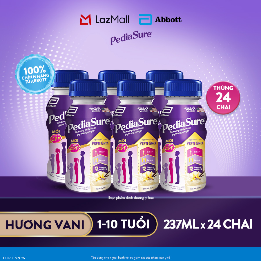 [CHỈ 20H 07-10.8 GIÁ TỐT MUA NGAY-SLCH] 1 thùng 24 chai PediaSure 1-10 tuổi dạng pha sẵn hương Vani 237ml