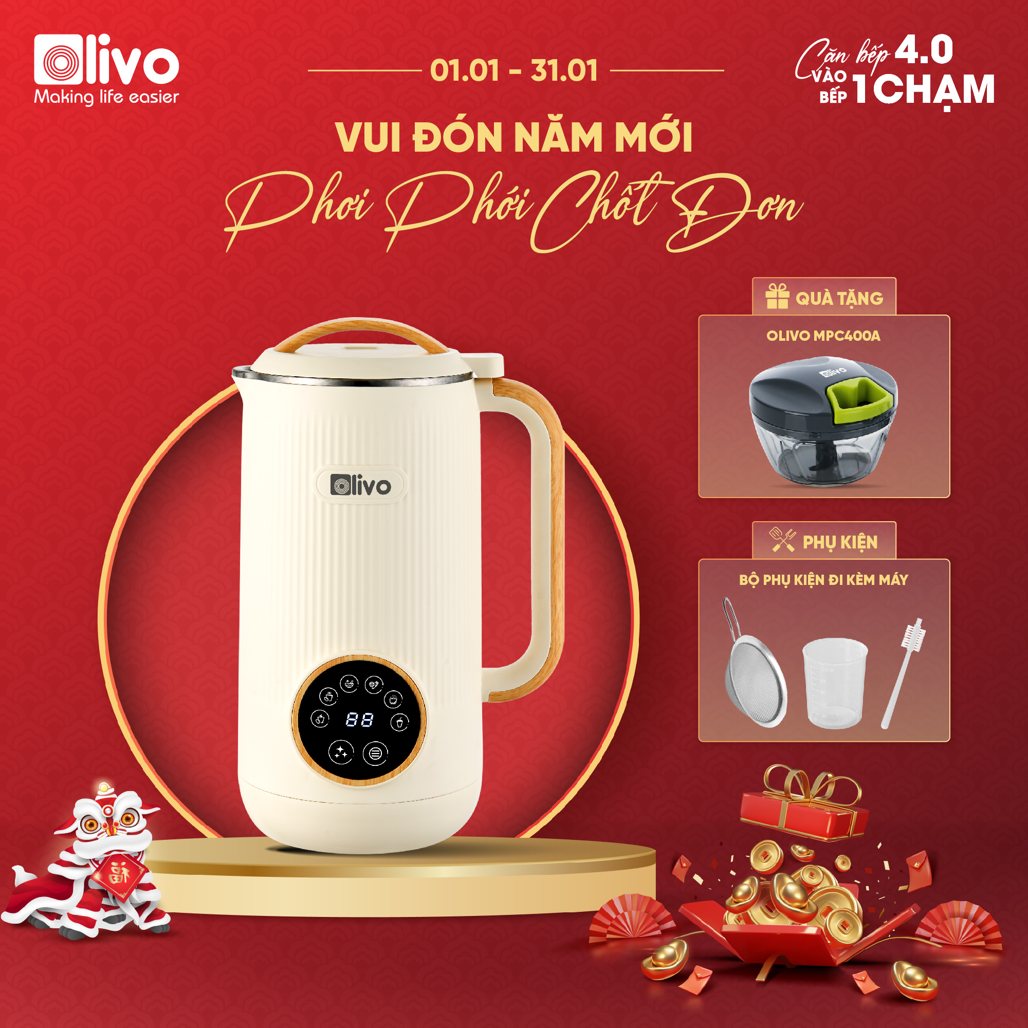 Máy Làm Sữa Hạt OLIVO CB400 PRO – Máy Xay Nấu Đa Năng – Nắp Inox 304 – Lưỡi Dao 10 Cánh – Dung Tích 