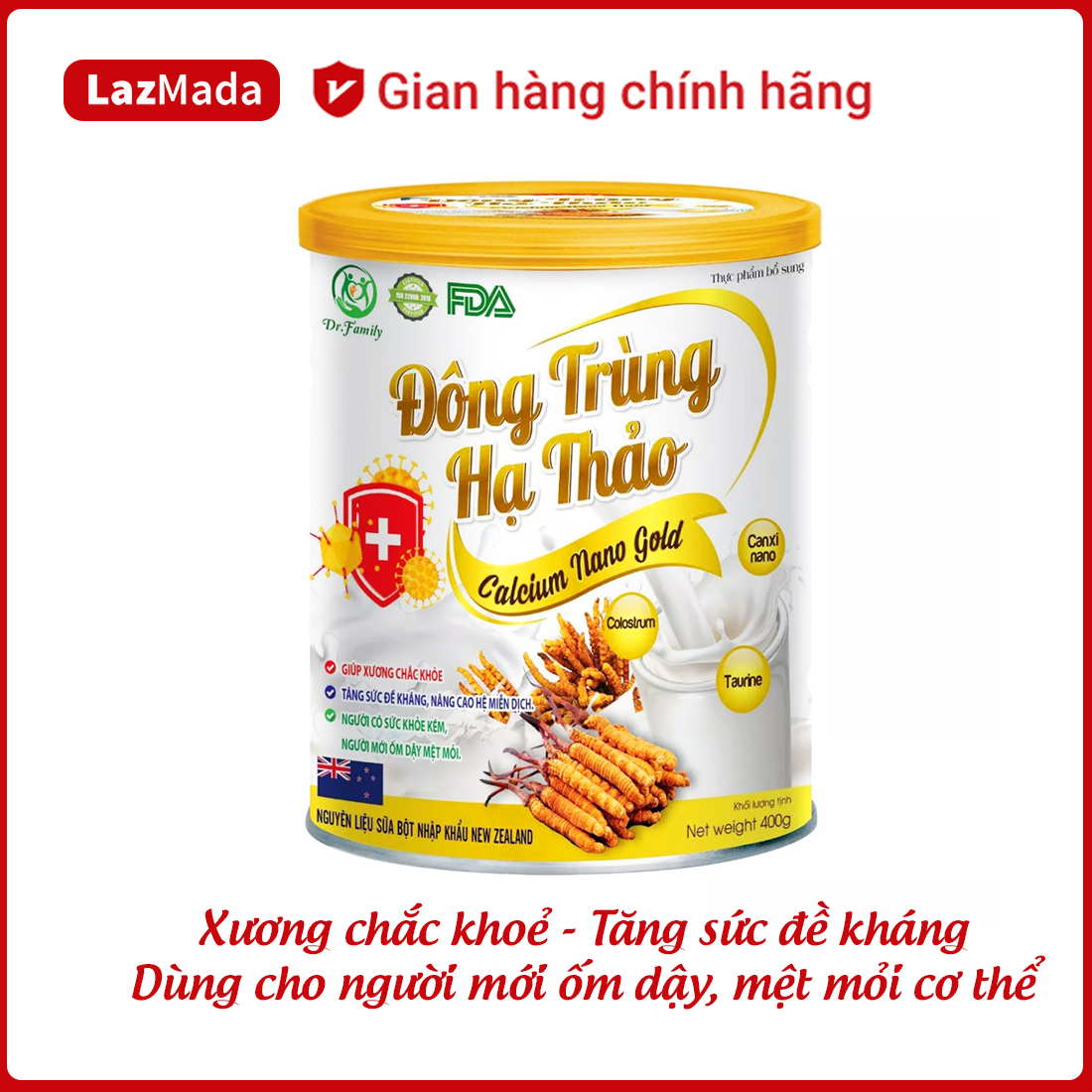 Sữa bột Đông trùng hạ thảo Canxi Nano Gold giúp tăng sức khỏe sức đề kháng ngăn ngừa loãng xương - Hộp 400g