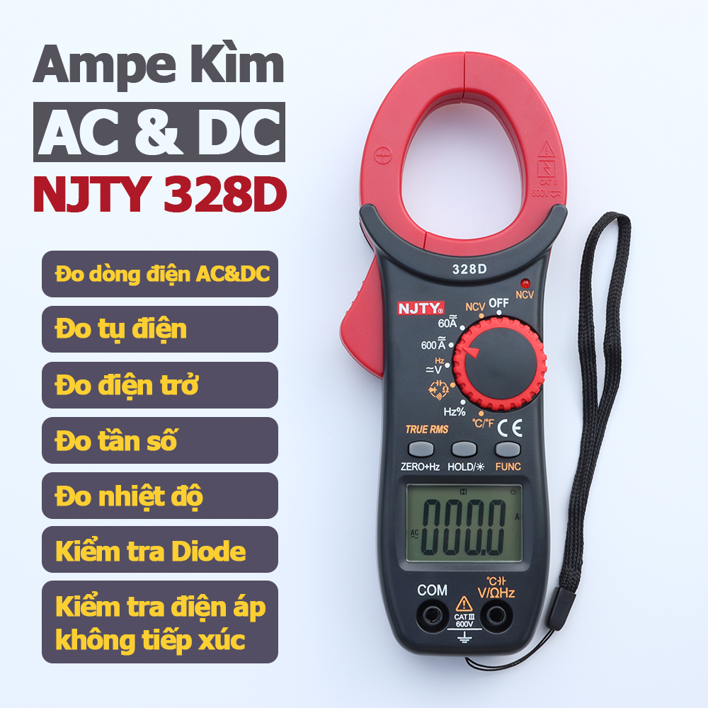 Ampe kìm NJTY 328D đồng hồ kẹp dòng AC và DC vạn năng đo tụ điện diode tần số nhiệt độ điện trở điện