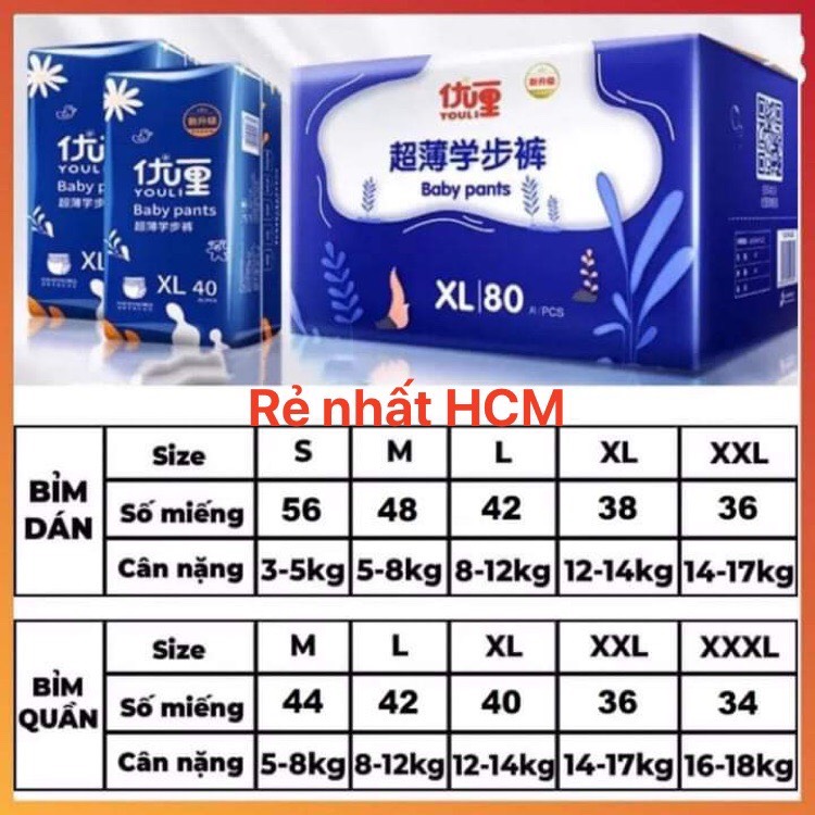 Tã Bỉm Dán/Quần YOULI XANH Đủ Size S108/M96/M88/L84/XL80/XXL72/XXXL68