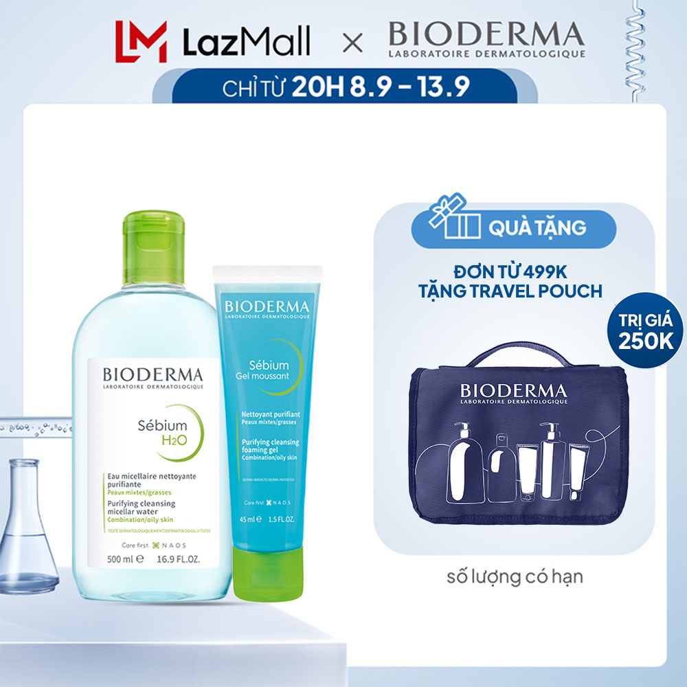 Bộ nước tẩy trang và làm sạch micellar cho da dầu mụn Bioderma Sebium H2O 500ml và gel rửa mặt tạo b