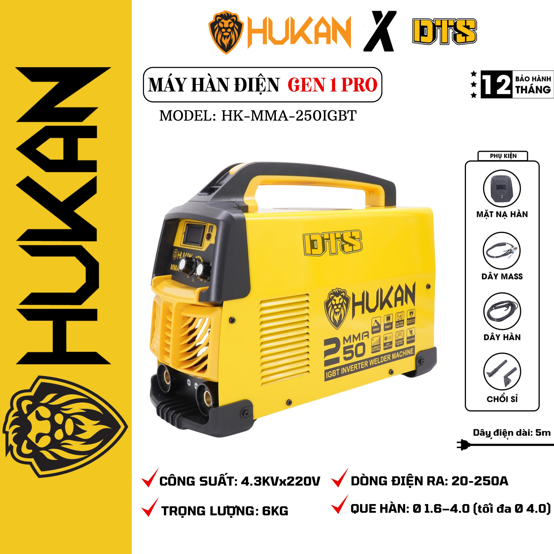 Máy hàn kim loại điện tử 250A HUKAN MMA-250IGBT | Que hàn Ø 1.6 – 4.0 hiệu suất ra 20-250A hàn nối n