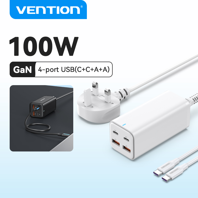 Vention 100W GaN củ sạc nhanh 4 Ports with 100W 5A USB C to USB C Cable Fast Charging for iPhone 16 