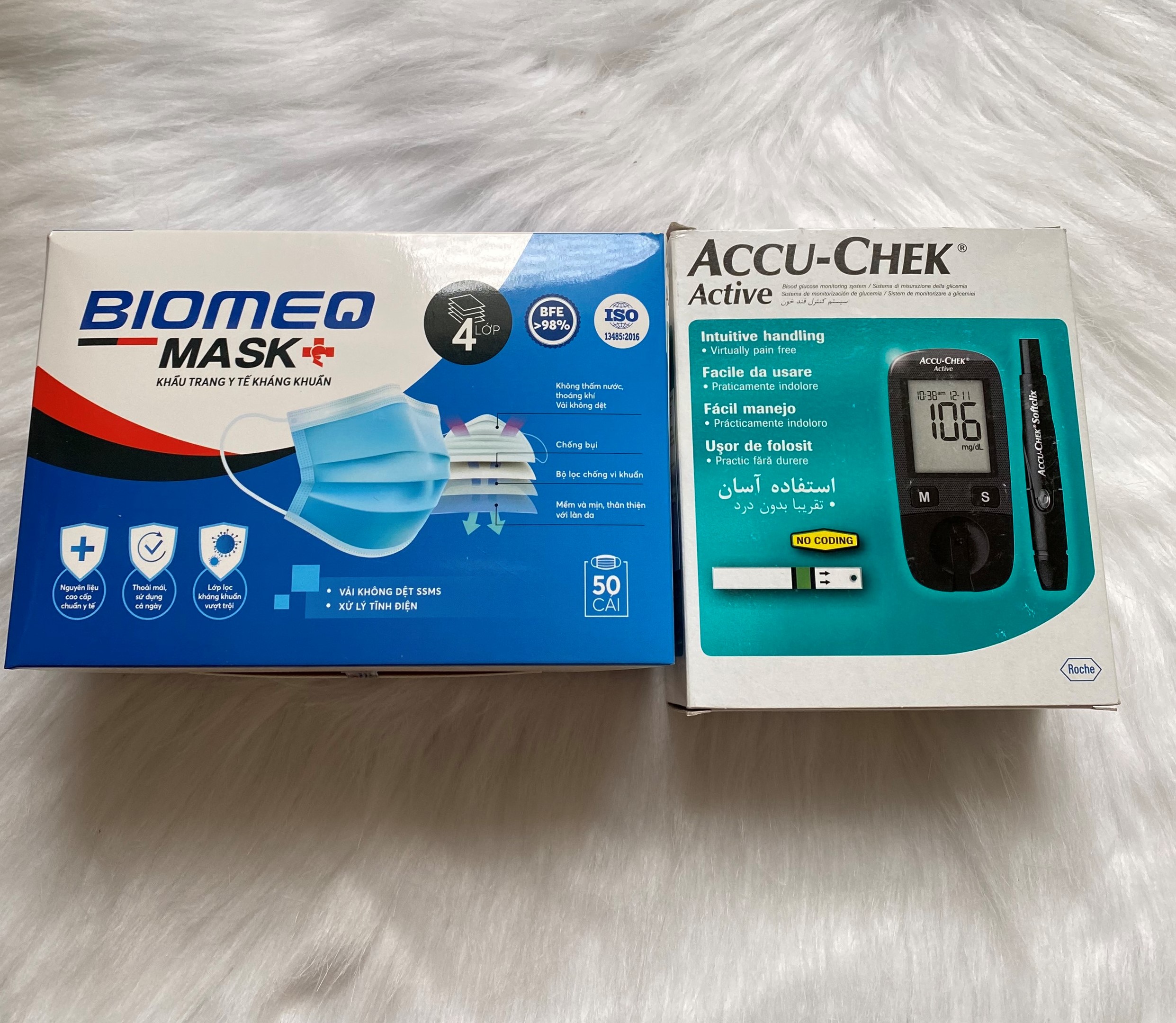 Máy Kiểm Tra Đường Huyết Accu Chek Active + tặng kèm 1 hộp khẩu trang y tế cao cấp BIOMEQ