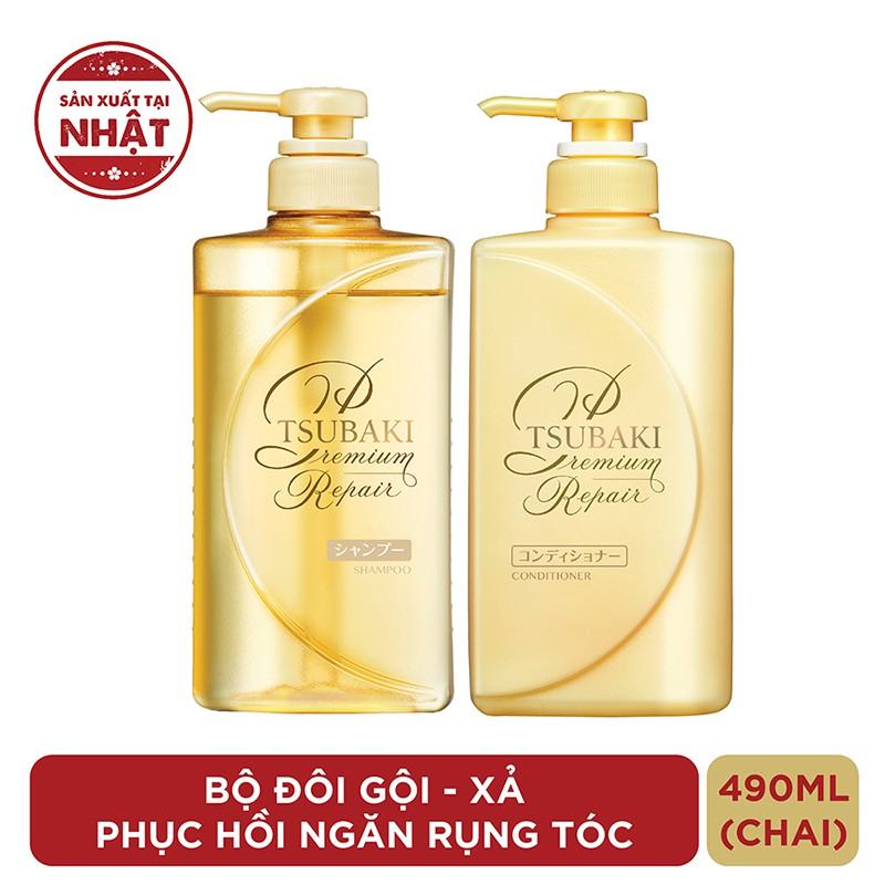 Bộ đôi gội xả Phục hồi ngăn rụng tóc Premium Repair Tsubaki 490ml/chai
