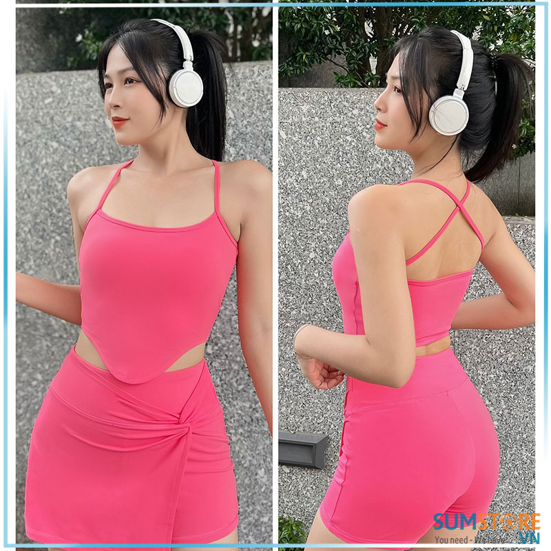 Set Đồ Tập Nữ Quần Váy Áo Yếm Vạt Bầu Hồng Sen - Chuyên Tập Gym Yoga  Zumba