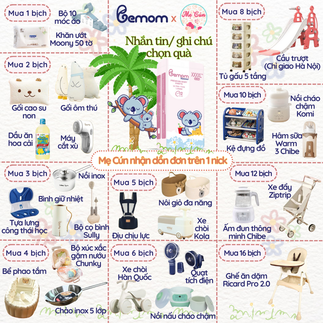 Tã dán bỉm quần BEMOM Hàn Quốc dán S56/M48/L46, quần M44/L42/XL40/XXL38/3XL36