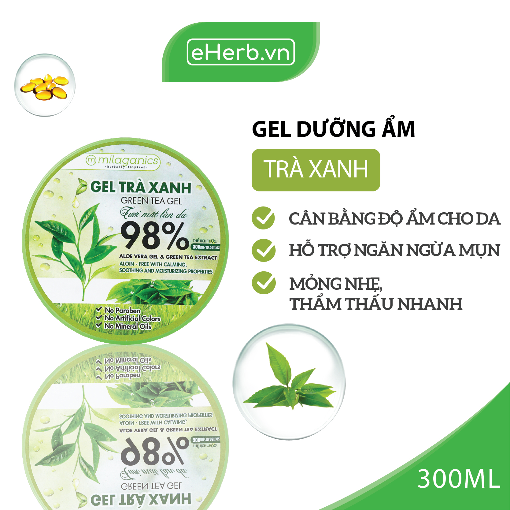 Gel Trà Xanh Tái Tạo Da Ngăn Ngừa Mụn & Giảm Viêm Từ Tinh Dầu Trà Xanh Tự Nhiên Milaganics 300Ml (Hũ)