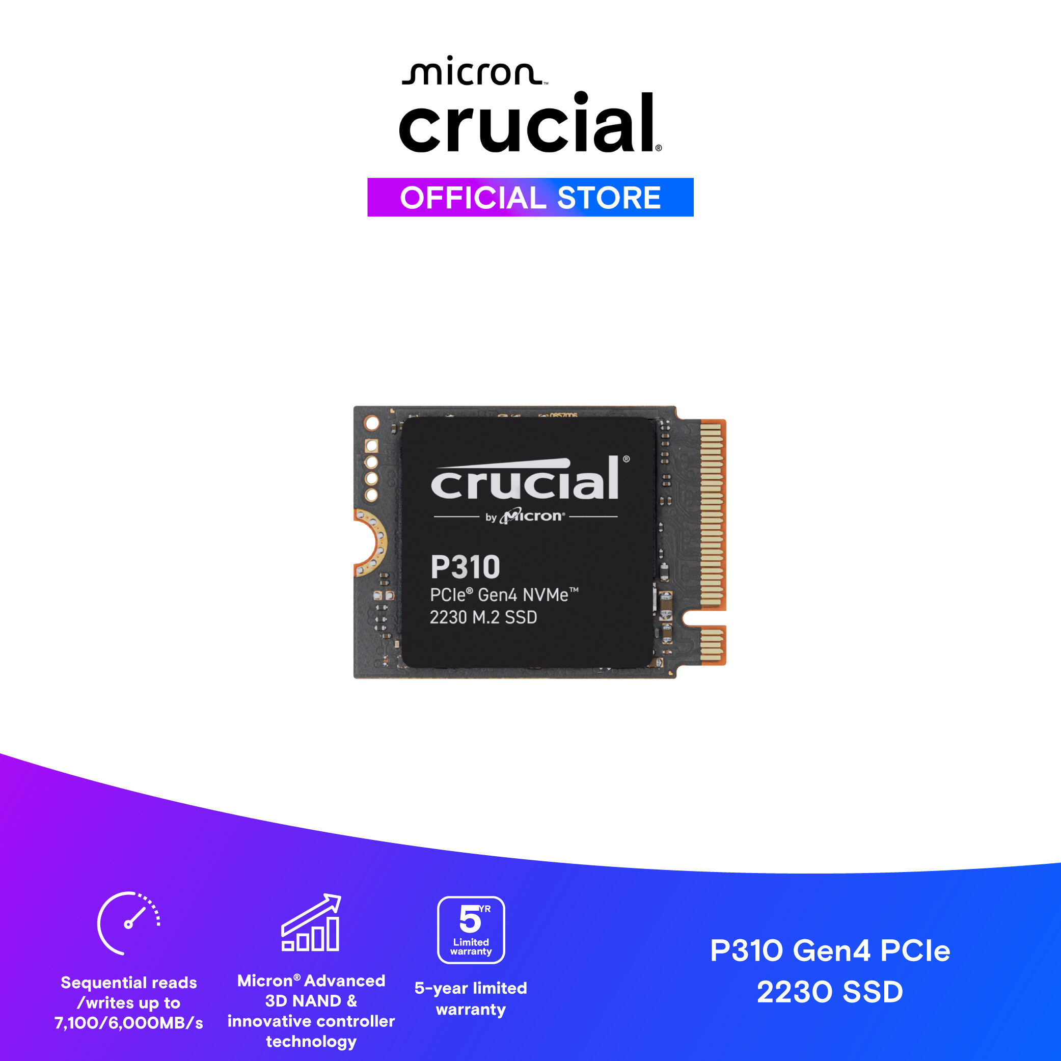 Crucial P310 1TB PCIe Gen4 NVMe 2230 M.2 SSD-CT1000P310SSD2- Hàng chính hãng