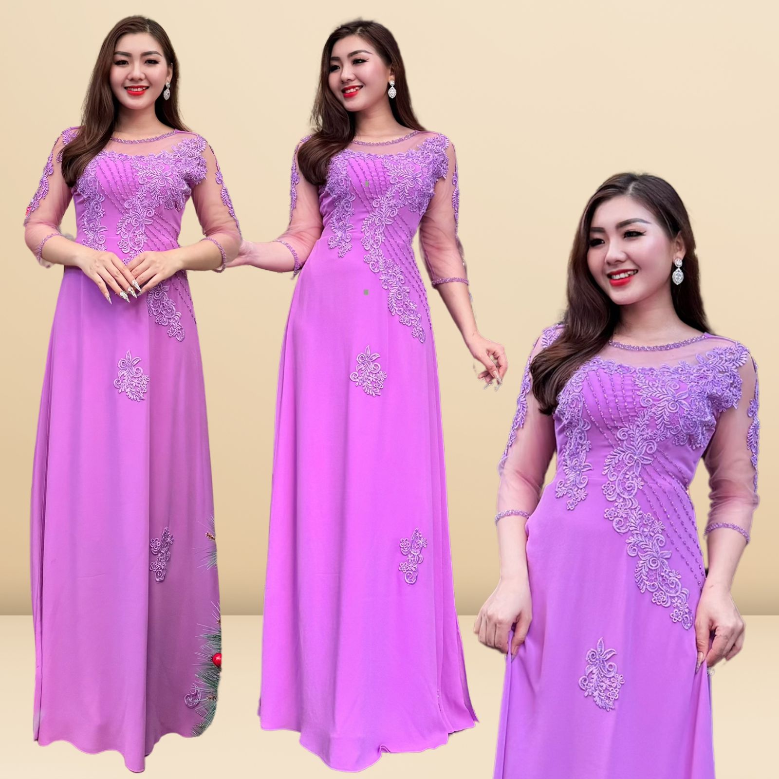 Áo dài dạ hội trung niên bà sui màu tím đính đá kết hoa cao cấp sang trọng Anthea dress