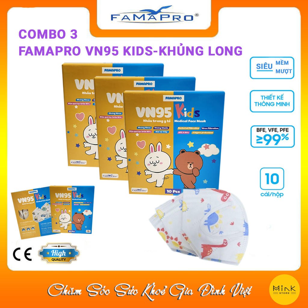 3 hộp Khẩu Trang Y Tế Famapro VN95 KIDS Tiêu Chuẩn Quốc Tế/Hộp 10 cái