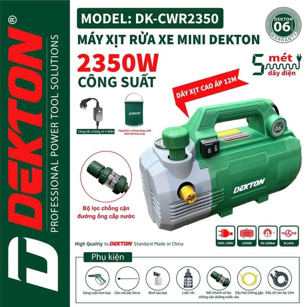 Máy rửa xe Dekton DK-CWR2350 2350w chỉnh áp 30-150Bar chuyên thợ máy lạnh và gia đình chính hãng dek
