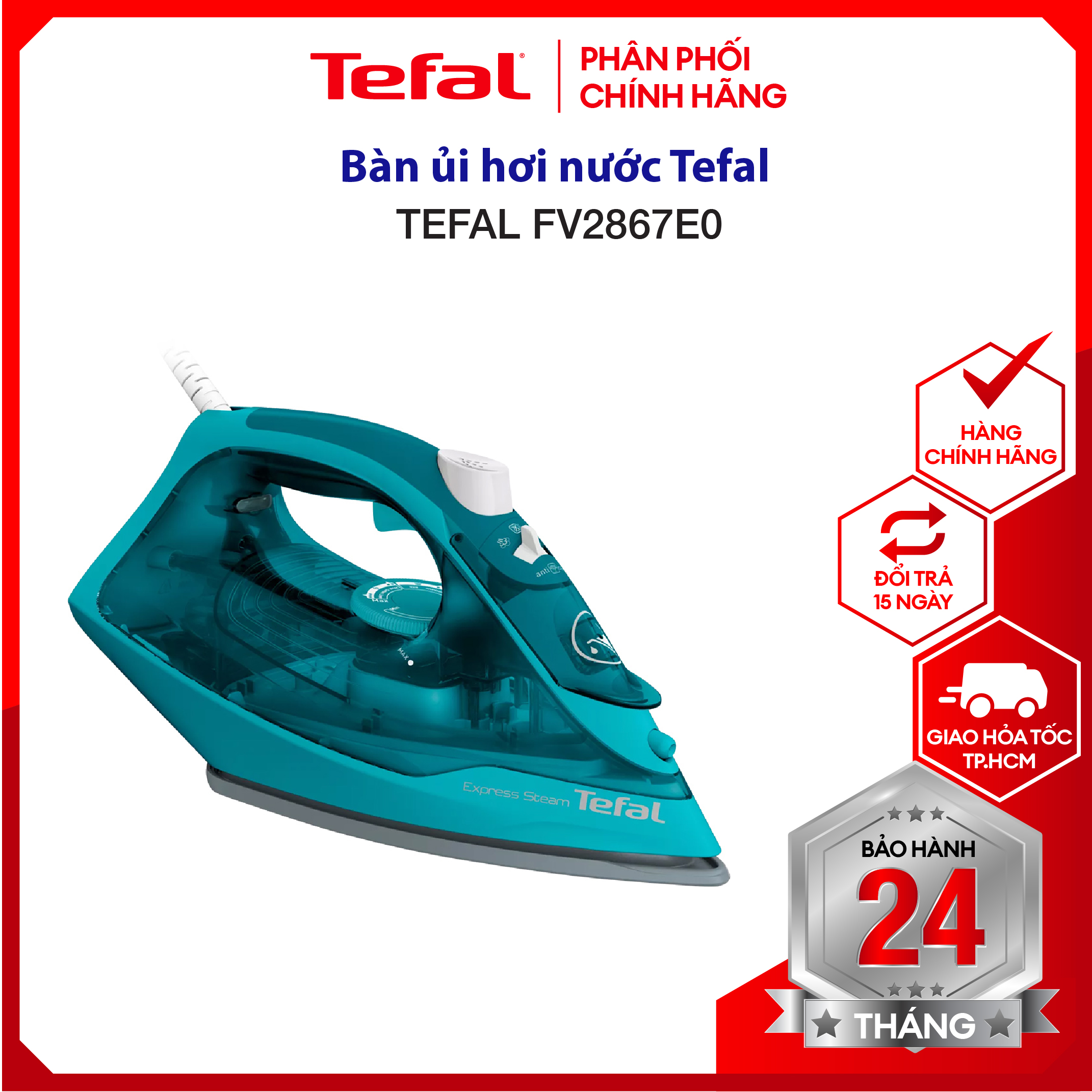 Bàn ủi hơi nước Tefal FV2867E0 - Xanh Ngọc, Dung lượng 270 ml, Công suất 2500W