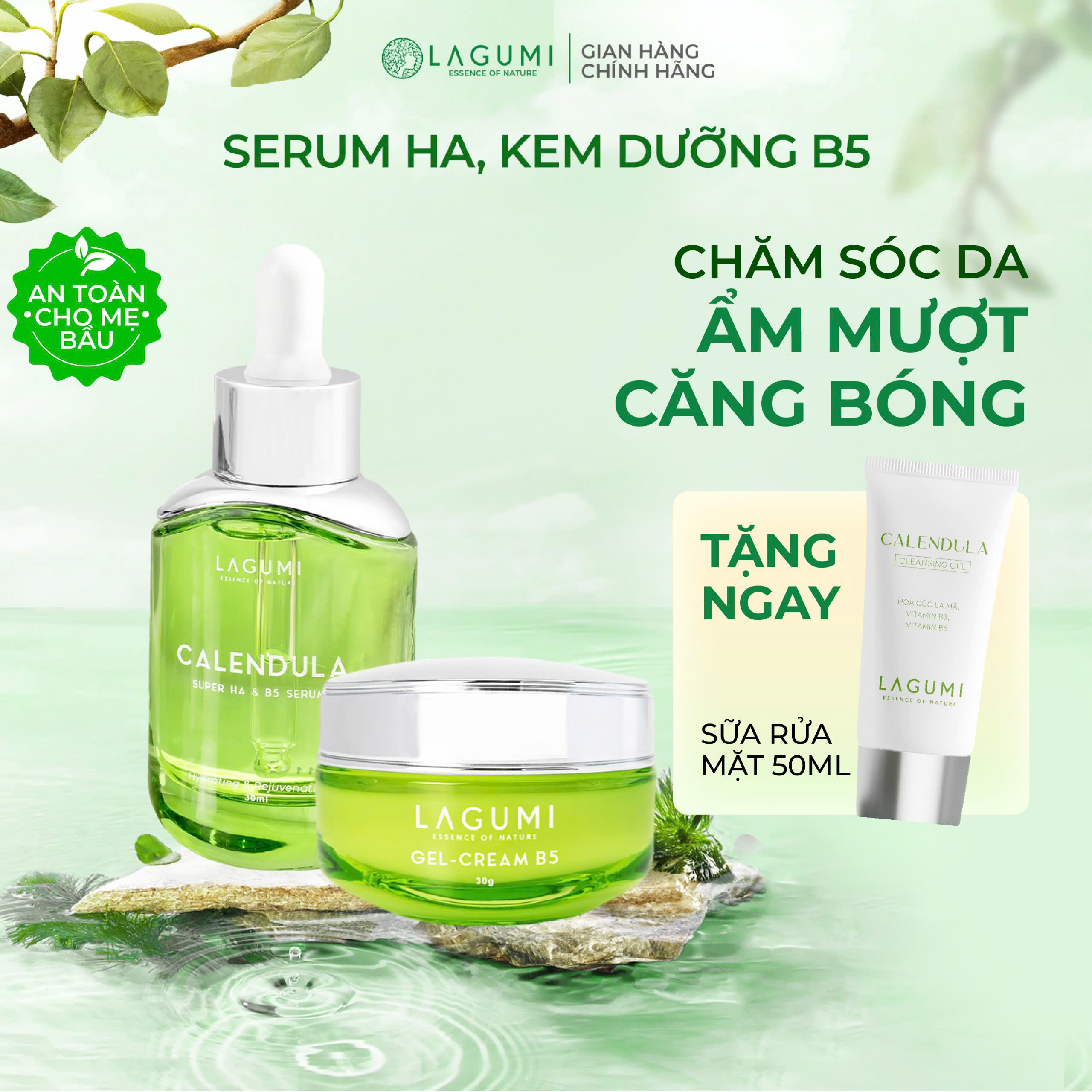 Bộ serum HA và kem dưỡng ẩm Lagumi cho da dầu mụn chiết xuất Calendula vitamin B5 hỗ trợ giảm mụn cấ
