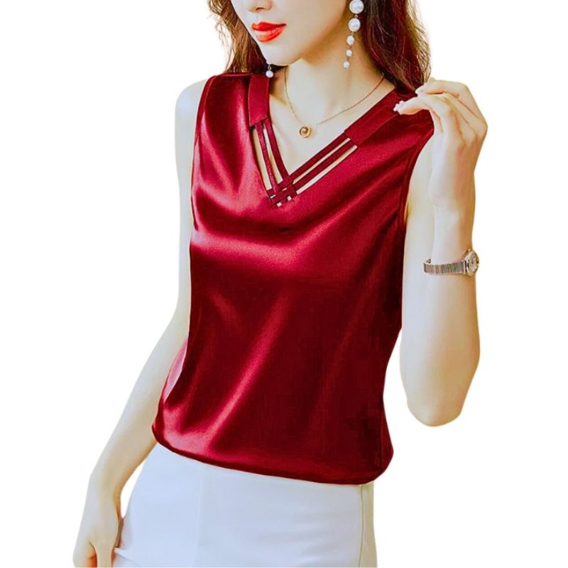 Áo hai dây nữ kiểu sơ mi Màu Đỏ mặc trong vest chất vải lụa satin thoáng mát khi mặc New Fashion Design AO0011
