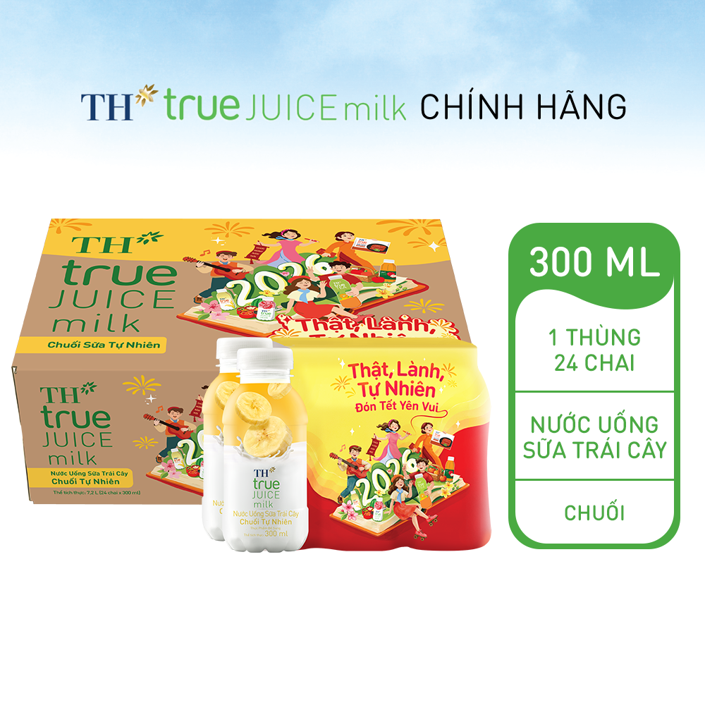 Thùng 24 chai nước uống sữa trái cây TH true JUICE milk vị chuối tự nhiên 300 ml (300 ml x 24)