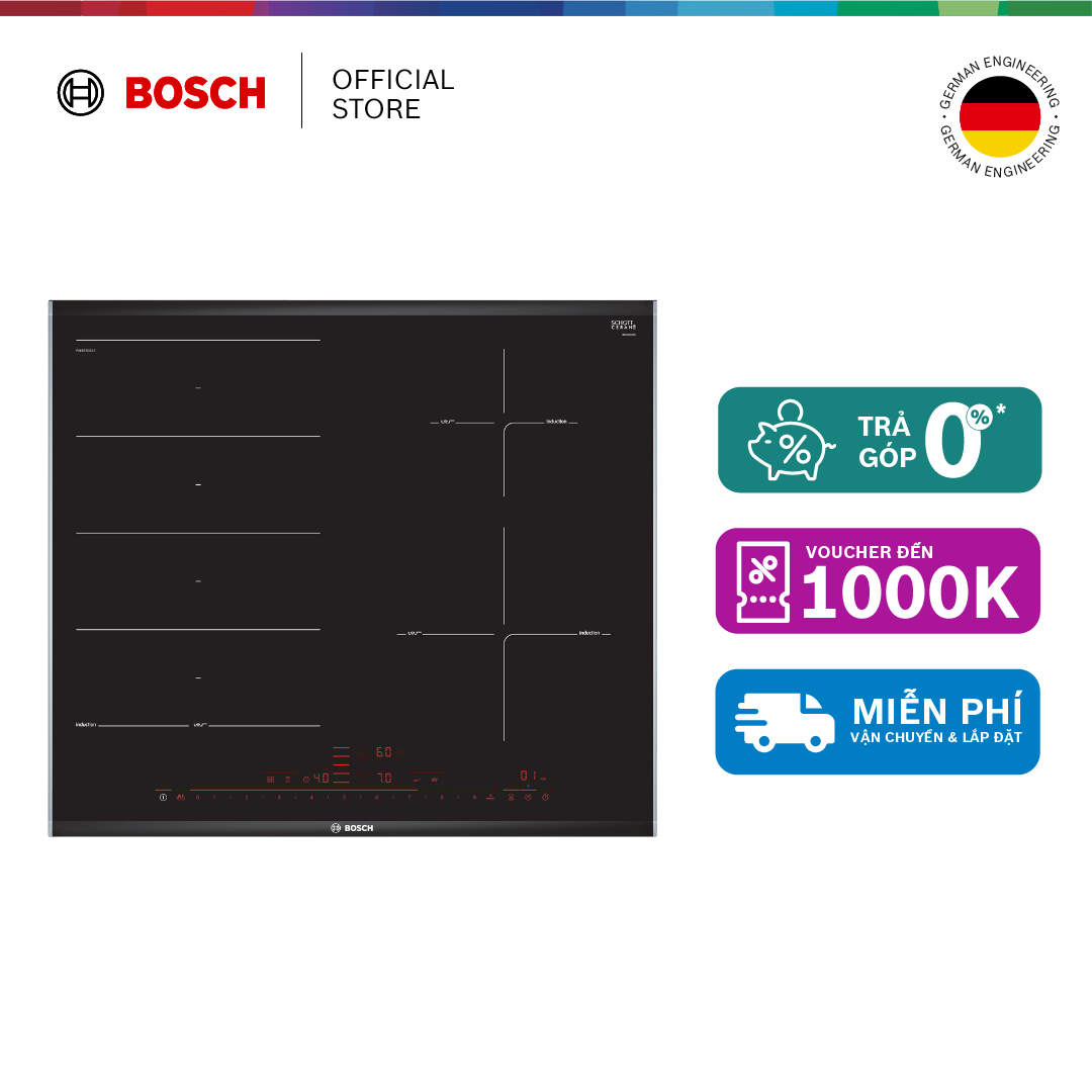 Bếp Từ Bosch PXE675DC1E 4 Vùng Nấu, Kích Thước 606x527mm, Màu Đen